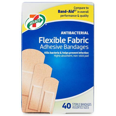 Flexible Fabric Adhesive Bandages 40 Count · Soft, flexible fabric for breathable protection. Highly absorbent, non-stick pad kills bacteria and helps prevent infection. Long-lasting adhesive.