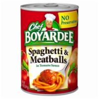 Chef Boyardee Spaghetti & Meatballs 14.5oz · Enjoy the Chef's famous-recipe pasta and meatballs in a signature tomato sauce.