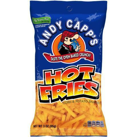Andy Capp's Hot Fries 3oz · They look like French fries, but crunch like chips. These alternatives to potato chips pack a powerful hot flavor punch in every crunch.