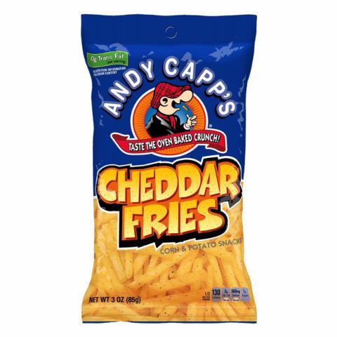 Andy Capp's Cheddar Fries 3oz · Andy Capp's Fries look like french fries, but crunch like chips.  Its unique alternative to regular potato chips pack a powerful flavor punch in every crunch.