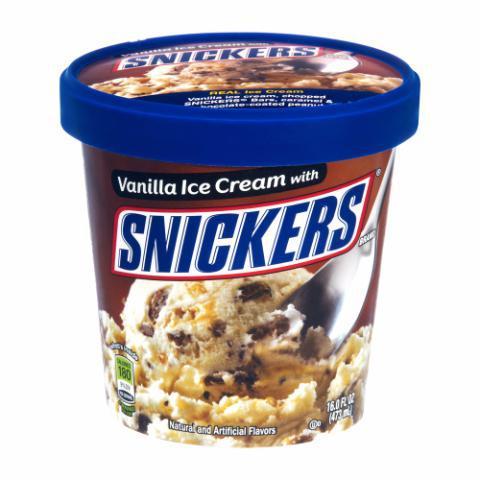 Snicker's Ice Cream Pint · Waves of luscious vanilla hugged by chunks of chewy nougat, topped with caramel, peanuts, and milk chocolate coating. Now, who'd say no to that?