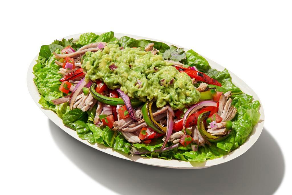Whole30® Salad Bowl · Supergreens Lettuce Blend, Carnitas, Fajita Veggies, Fresh Tomato Salsa and Guacamole