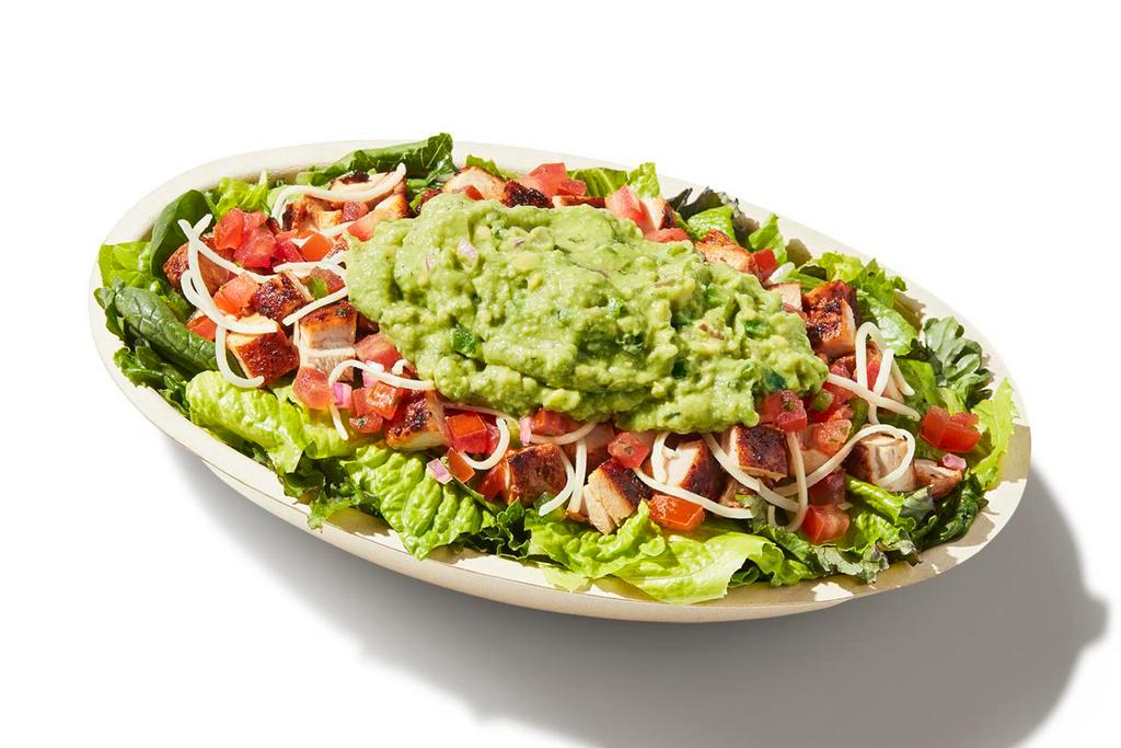Keto Salad Bowl · Supergreens Lettuce Blend, Chicken, Fresh Tomato Salsa, Cheese and Guacamole