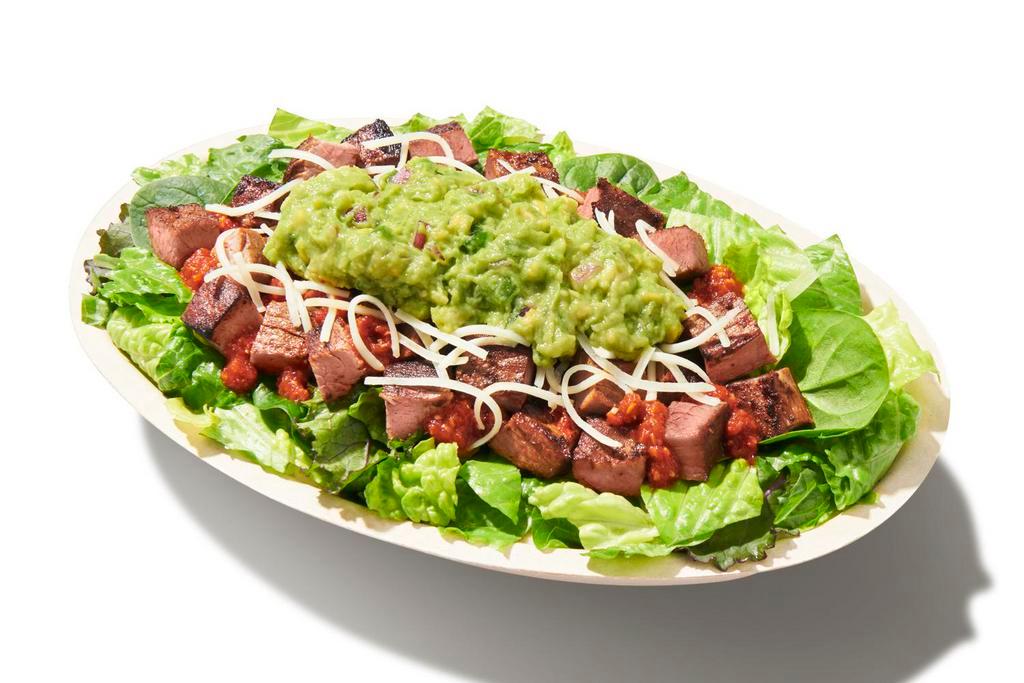 Keto Salad Bowl · Supergreens Lettuce Blend, Steak, Tomatillo-Red Chili Salsa, Cheese and Guacamole