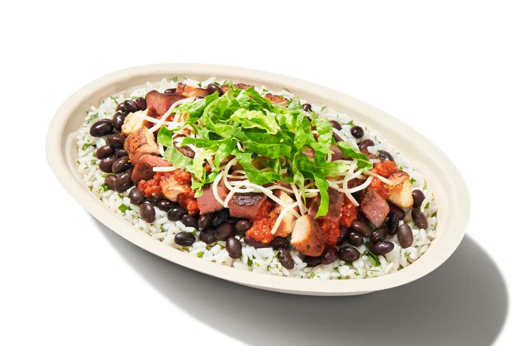High Protein Bowl · White Rice, Chicken, Steak, Black Beans, Tomatillo-Red Chili Salsa, Cheese and Shredded Romaine Lettuce