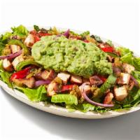 Paleo Salad Bowl · Supergreens Lettuce Blend, Chicken, Fajita Veggies, Tomatillo-Green Chili Salsa and Guacamole