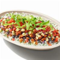 Vegan Bowl · NEW Plant-Based Chorizo, White Rice, Black Beans, Fresh Tomato Salsa, Roasted Chili-Corn Sal...