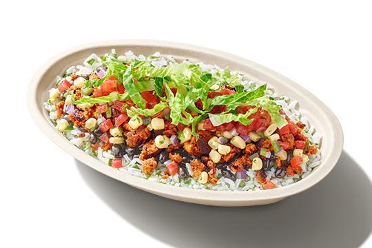 Vegan Bowl · NEW Plant-Based Chorizo, White Rice, Black Beans, Fresh Tomato Salsa, Roasted Chili-Corn Salsa and Shredded Romaine Lettuce