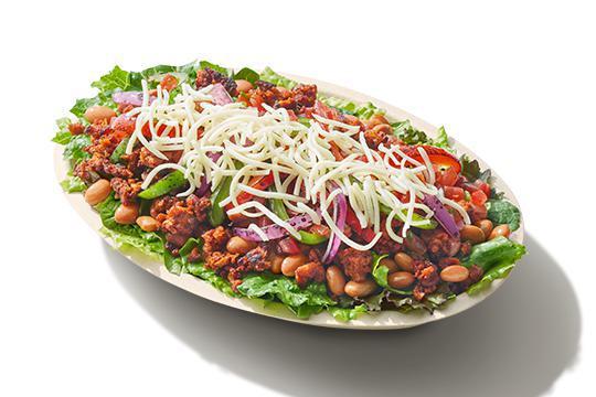 Vegetarian Salad Bowl · NEW Plant-Based Chorizo, Supergreens Lettuce Blend, Pinto Beans, Fresh Tomato Salsa, Fajita Veggies, Cheese and Chipotle-Honey Vinaigrette on Side (220 cal)