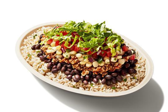 Vegan Bowl · Sofritas, Brown Rice, Black Beans, Fresh Tomato Salsa, Roasted Chili-Corn Salsa, and Shredded Romaine Lettuce