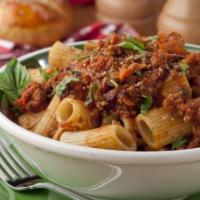 Rigatoni Bolognese · A hearty Italian style meat sauce.