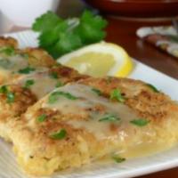 Chicken Francese · Egg battered chicken cutlets sauteed in a white wine lemon butter sauce.