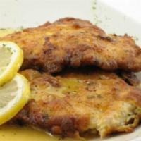 Veal Francese · Egg battered veal cutlets sauteed in a white wine lemon butter sauce.