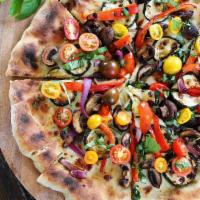 Grilled Vegetable Pizza · Grilled eggplant, zucchini and yellow squash with spring mix, sliced tomatoes, fresh mozzare...