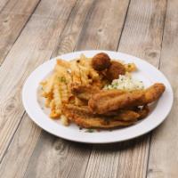 7. Three Piece Fish · 3 strips with fries, coleslaw and hushpuppy.