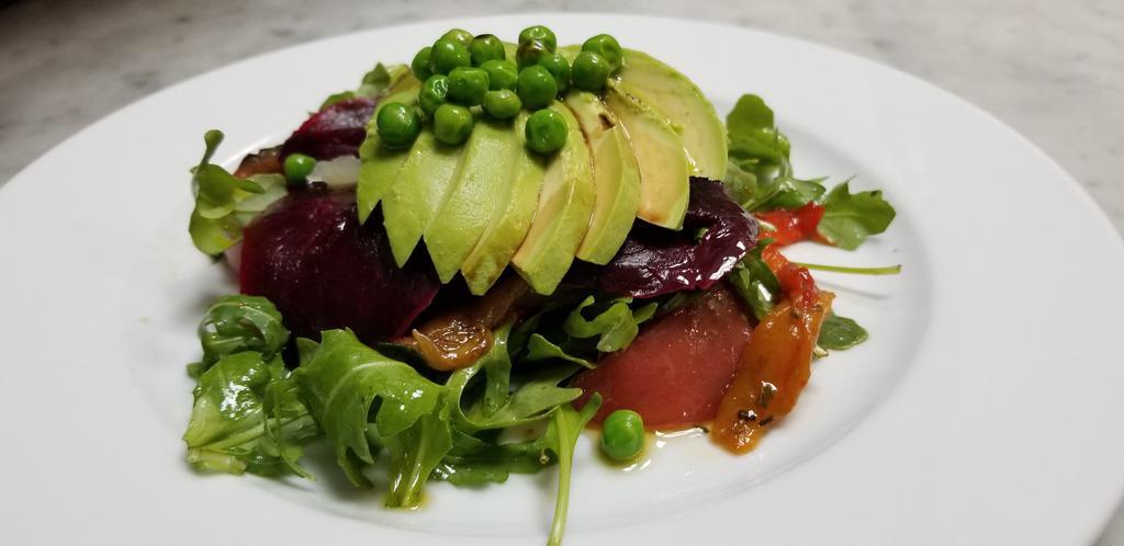 Buzzy · Red beets, rughetta, green peas, roasted peppers, tomatoes, avocado.