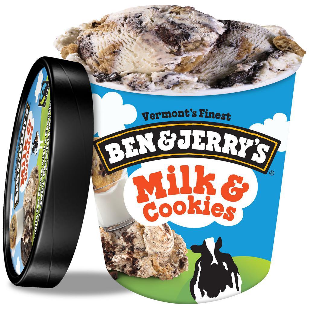 Ben & Jerry's Milk & Cookies · Vanilla ice cream with a chocolate cookie swirl, chocolate chip and chocolate chocolate chip cookies. Cookie madness, mixed with vanilla ice cream—has your inner cookie monster exploded with joy yet? 16 oz.