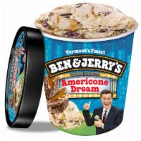 Ben & Jerry's Americone Dream · Vanilla ice cream with fudge-covered waffle cone pieces and a caramel swirl.  16 oz.
