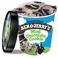 Ben & Jerry's Mint Chocolate Cookie · A perky peppermint ice cream with plentiful chunks of chocolate sandwich cookies.  16 oz.