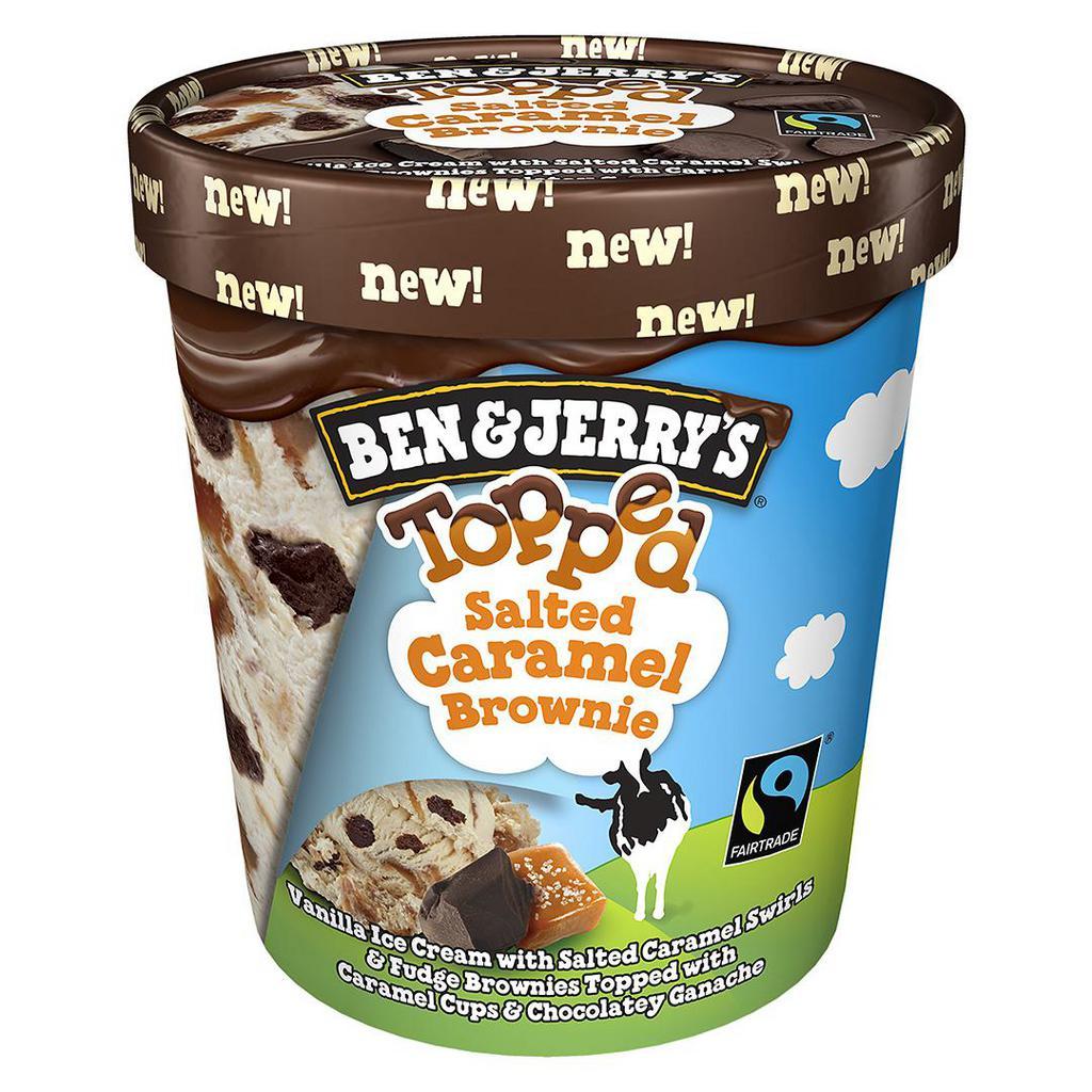 Ben & Jerry's Topped Salted Caramel Brownie	 · Ben & Jerry's Vanilla ice cream with salted caramel swirls & fudge brownies topped with caramel cups and topped with chocolatey ganache. 15.2 oz.																					