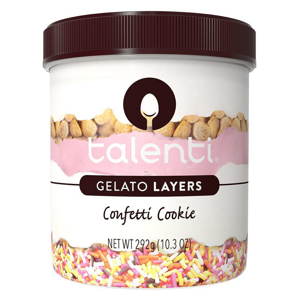 Talenti Layers Confetti Cookie		 · Vanilla gelato​, a layer of vanilla cookie pieces, followed by​ pink frosting​, another layer of vanilla gelato​, and a final layer of rainbow sprinkles​.																					