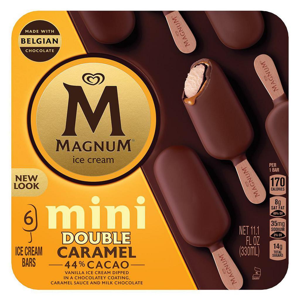 Magnum Mini Double Caramel	 · Classic vanilla bean ice cream is wrapped in a lusciously sweet caramel sauce and dipped in a gooey chocolatey layer before being covered again in a 44% cacao milk chocolate shell. 6 count box.																					
