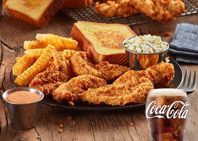 Chicken Finger Plate - 4 Fingers · Chicken Fingerz™, Crinkle Fries, Texas Toast, Cole Slaw, Zax Sauce®, and a small sized Coca-Cola Freestyle® drink, over 100 refreshing choices available in-store - hey, when you're good, you're good. (1190-1540 Cal)