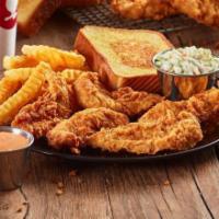 Chicken Finger Plate - Buffalo 4 Fingers · Buffalo Chicken Fingerz™, Crinkle Fries, Texas Toast, Cole Slaw, Ranch Sauce, and a small si...