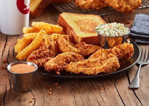 Chicken Finger Plate - Buffalo 4 Fingers · Buffalo Chicken Fingerz™, Crinkle Fries, Texas Toast, Cole Slaw, Ranch Sauce, and a small sized Coca-Cola Freestyle® drink, over 100 refreshing choices available in-store - hey, when you're good, you're good. (1220-1670 Cal)