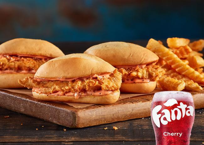 3 Nibblerz® Sandwich · Delicious and downright adorable. Three snack-sized Nibblerz®, served with Crinkle Fries and a small sized Coca-Cola Freestyle® drink, over 100 refreshing choices available in-store. (1280-1630 Cal)
