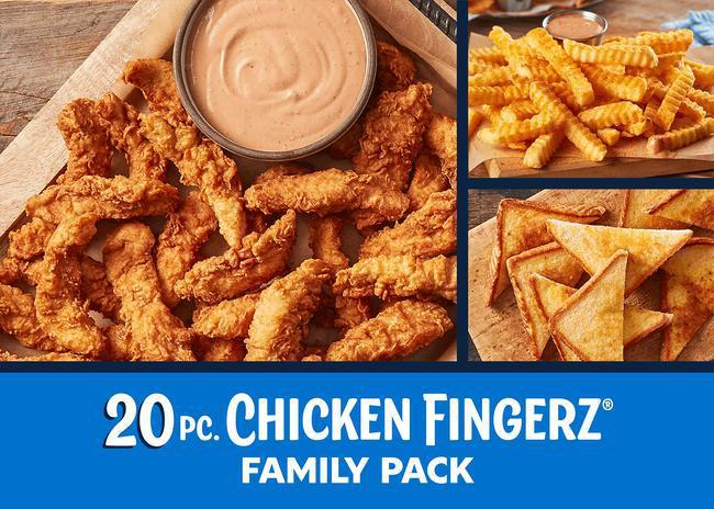 Buffalo Fingers Family Meal · Hand-breaded deliciousness for the whole family! 20 Chicken Fingerz™ or  Buffalo Fingerz®, two large Crinkle Fries and four pieces of Texas Toast. Served with Zax® Sauce or your favorite dipping sauce. (4370-4970 cal)