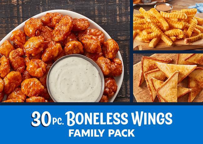 Boneless Wing Family Meal · Sauce brings the family together at Zaxby’s®. 30 Boneless Wings tossed in your sauce of choice, two large Crinkle Fries and four pieces of Texas Toast. Served with Ranch Sauce for a delicious dunking experience. (4400-4960 cal)