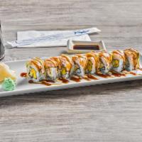 29. Shrimp Dragon Roll · Mild spicy. Shrimp tempura and mango, topped with sushi shrimp and avocado drizzled in two s...