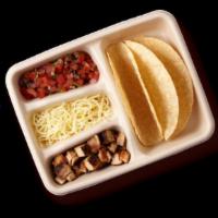 Kid's Build Your Own · Your choice of meat, guacamole or queso, and two toppings to go with a pair of crispy corn o...