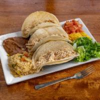 Soft Tacos · 3 pieces. Corn tortillas, ground beef or shredded chicken, lettuce, tomatoes, cheese, served...