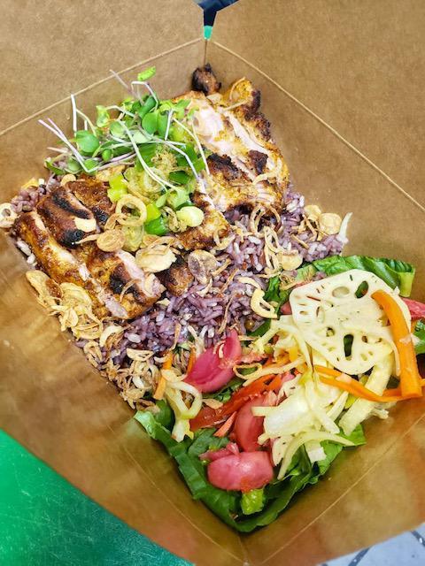 Grilled Lemongrass Chicken Rice Bowl · Boneless chicken thigh marinated and grilled to order.