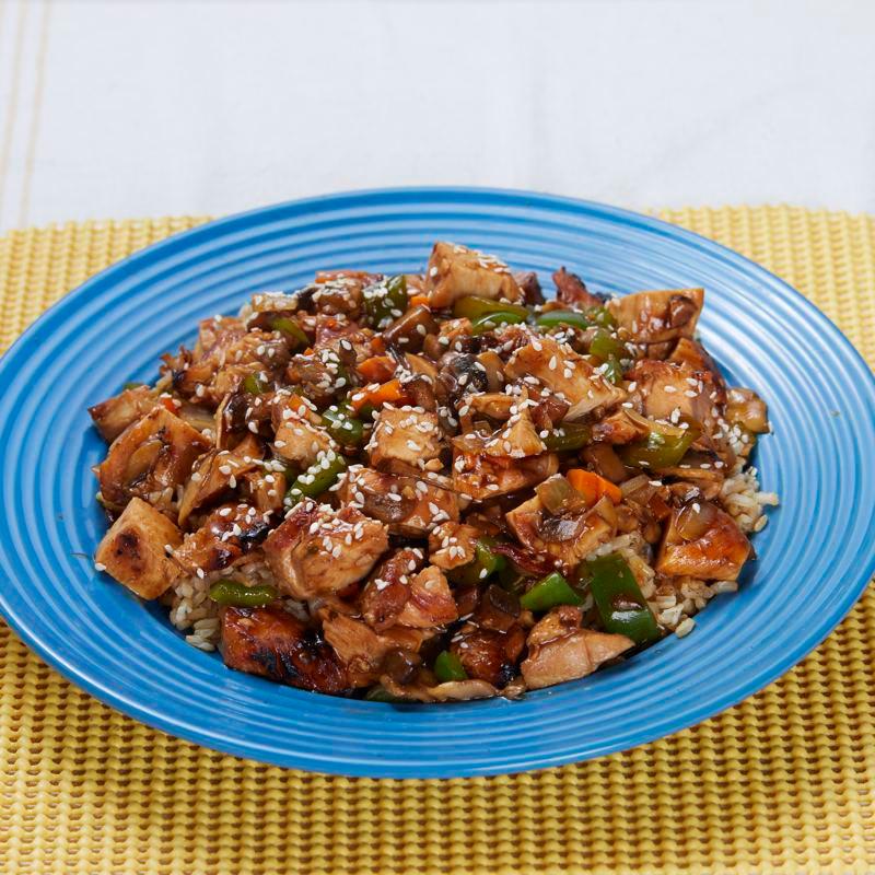 Teriyaki Stir-fry Bowl · Chicken or steak, portabella mushroom blend, sauteed green
peppers and onions, carrots, sesame seeds, and teriyaki sauce
over brown rice.