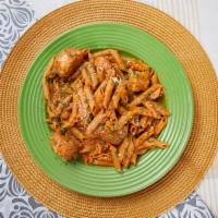 Vodka & Penne · Chicken or steak, reduced fat vodka sauce and Parmesan over
whole wheat pasta.