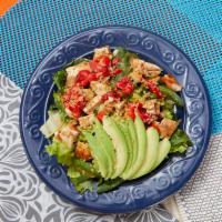 Kale and Quinoa Salad · Chicken or steak, quinoa, roasted red peppers, avocado, Asian
sesame ginger dressing on a p...