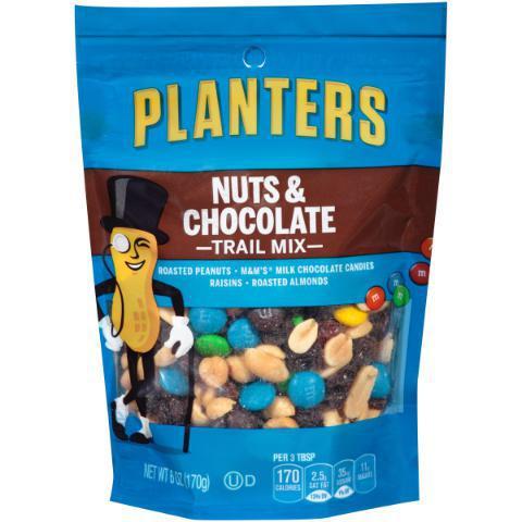 Planters Trail Mix Nut & Choclate 6oz · Some people call this M&Ms with obstacles. Even if you do, it’s still a sweet and salty mix perfect for giving you that extra boost you need.