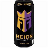 Reign Peach Fizz 16oz · Peach with a hint of citrus; blended with BCAAs, Natural Caffeine, CoQ10, and electrolytes, ...