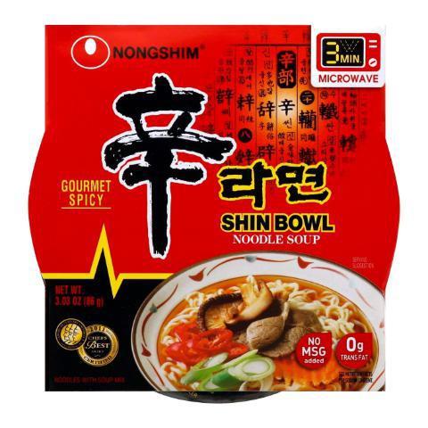 NongShim Shin Bowl Hot & Spicy 3.03oz · Spicy ramen filled with meaty mushrooms, crispy carrots, gratifying green onions, and palatable peppers.