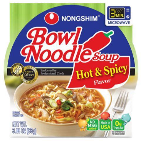 NongShim Bowl Noodle Soup, Hot & Spicy 3.03oz · Hot and spicy traditional Korean noodle soup with fresh vegetables and beef broth. Ready in 3-4 minutes with hot water or a microwave.