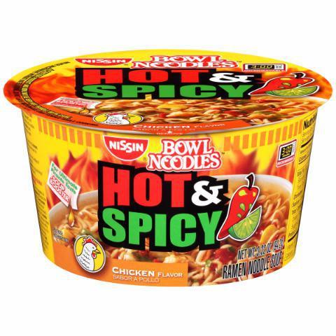 Nissin Hot & Spicy Chicken Noodle Bowl 3.32oz · Golden chicken flavor with a spicy-savory broth, veggies, and oodles of noodles.