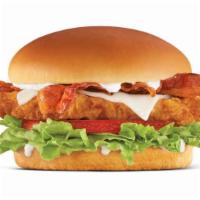 The Bacon Swiss Crispy Chicken Fillet Sandwich · A crispy Chicken Fillet dusted with Southern Spices, topped with 
bacon, Swiss cheese, lettu...