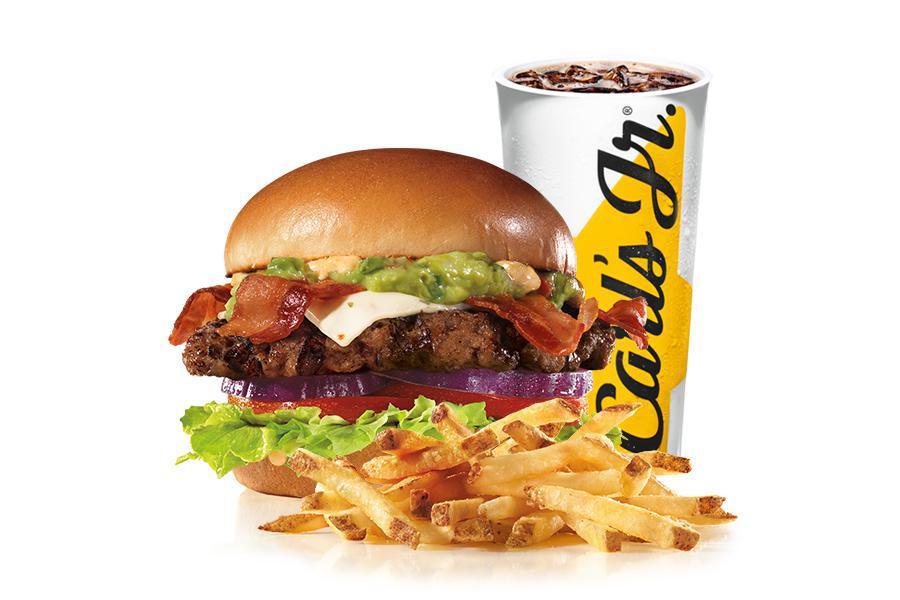 The 1/3 lb. Guacamole Bacon Thickburger® Combo · A 1/3 lb. charbroiled Angus beef patty, guacamole, two strips of bacon, melted pepper jack cheese, lettuce, two slices of tomato, red onions, and Santa Fe sauce served on a premium bun. Comes with small fry and small drink.