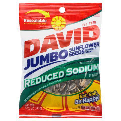 David Reduced Sodium Seeds 5.25oz · Grab a bag of DAVID Reduced Sodium Jumbo Sunflower Seeds for a satisfying snack to help you stay in the game when every minute counts