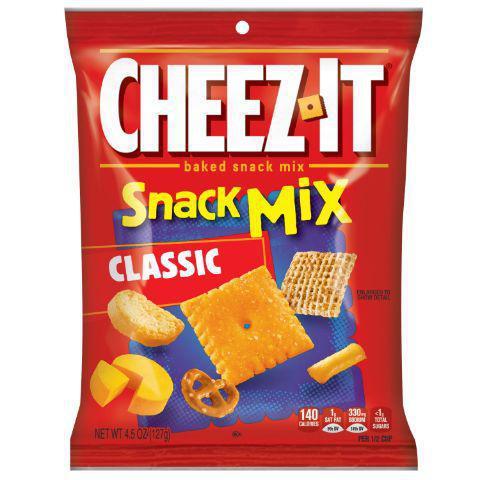 Cheez-It Snack Mix 4.5oz · Satisfy your crunchy craving with a tasty combination of cheese crackers, salty pretzels, mini toasted bread slices, savory wheat squares and cheesy rice puffs in every handful of Cheez-It Classic Baked Snack Mix.
