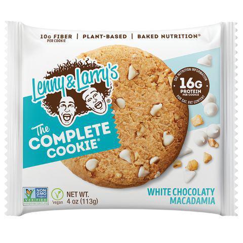Lenny & Larry's Complete Cookie White Chocolate Macadamia 4oz · Complete Cookie White Chocolate Macadamia, 16g Plant-Based Proteins (per cookie), 10g Fiber (per cookie), No Soy, No Dairy, No egg, Vegan, 0g Sugar Alcohols