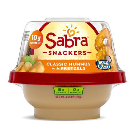 Sabra Classic Hummus with Pretzels 4.3oz · Classic blend of  chickpeas, garlic and ground sesame seeds for a smooth and flavorful hummus. Paired with crunchy pretzels for dipping.